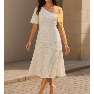 Alionas London Asymmetrical Lace Ivory Midi Dress with Belt on Waist Size L
